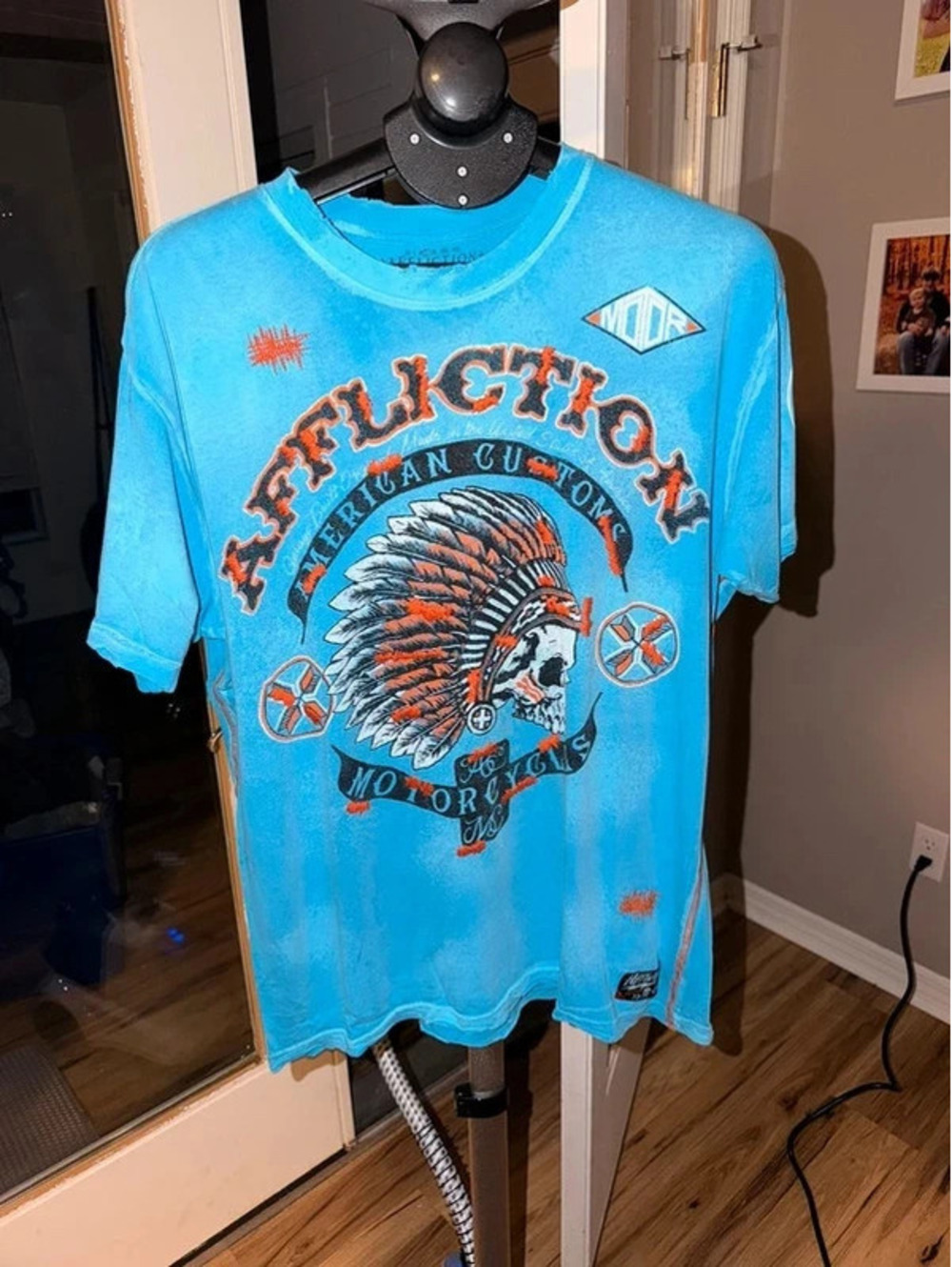 Affliction American Customs XL Blue Skull Headdress Y2K Distressed Graphic Tee